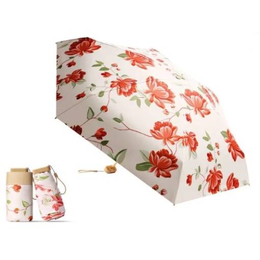 Foto - Mini dámsky skladací dáždnik s ochranou proti UV - Béžový s červenými kvetmi