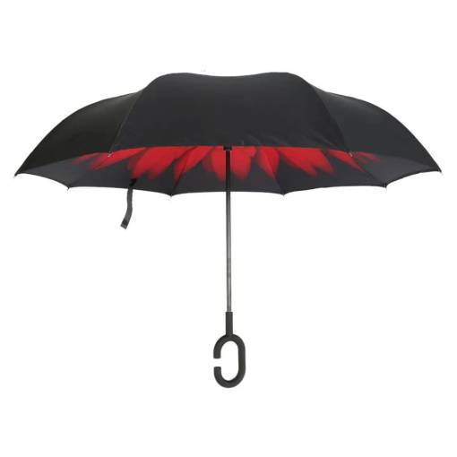 Foto - Unisex automatický obrátený dáždnik s ochranou proti UV - čierny s červenými kvetmi