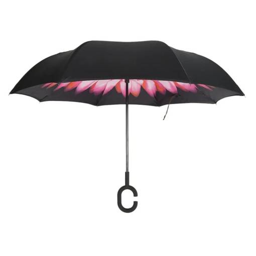 Foto - Unisex automatický obrátený dáždnik s ochranou proti UV - čierny s ružovými kvetmi