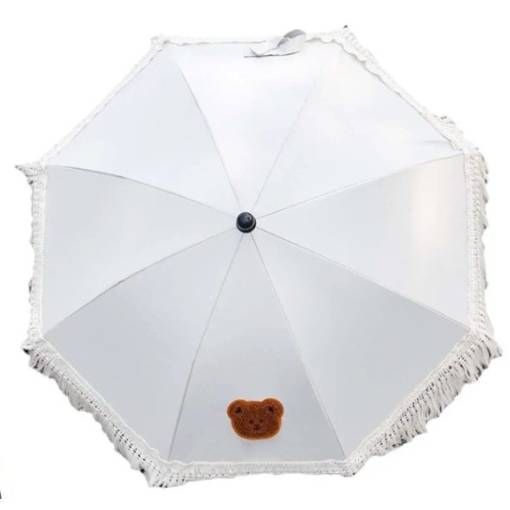 Foto - Detský nastaviteľný dáždnik s klipom na kočík - Biely s medvedíkom